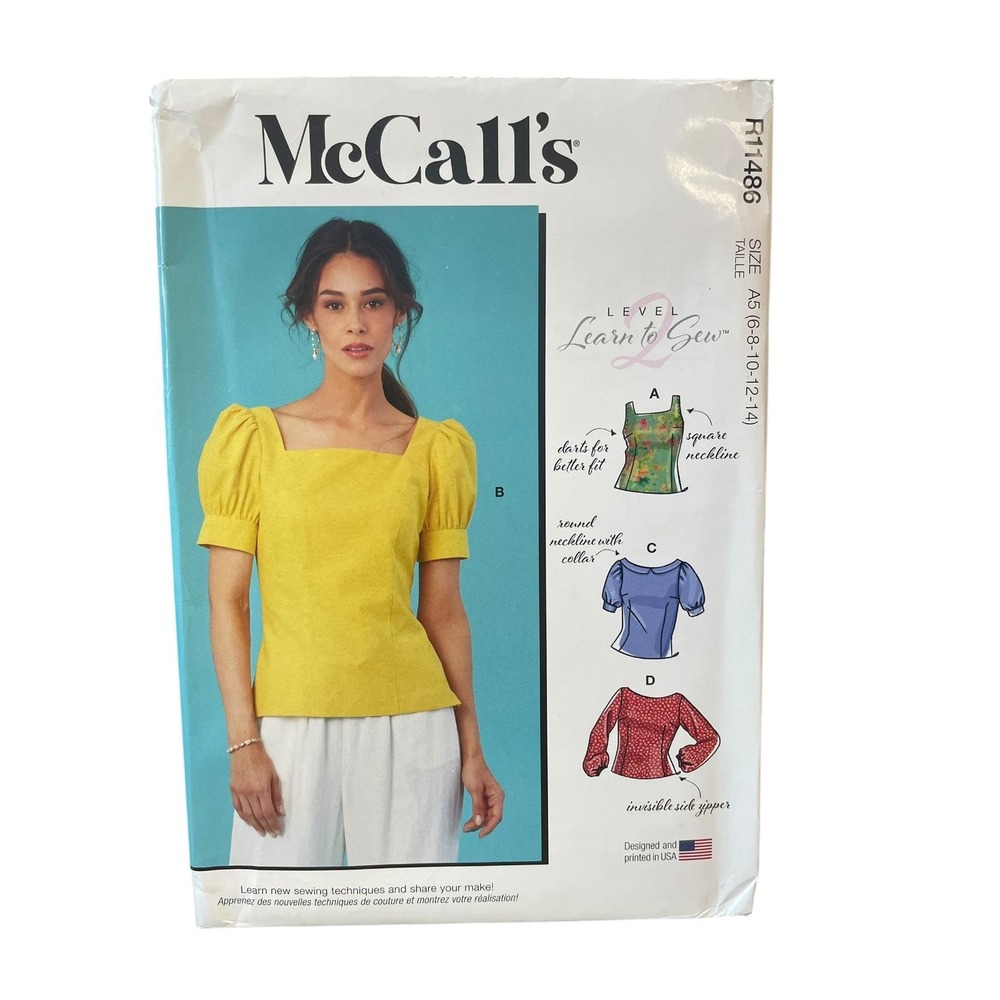 McCall's Sewing Pattern R11486 Misses Tops Size 6-14 Puff Sleeve Square Neck